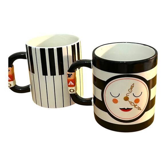 FAO Schwarz Collectible Mugs Set Piano Keys Clock Face Black and White Stripes - Picture 4 of 5
